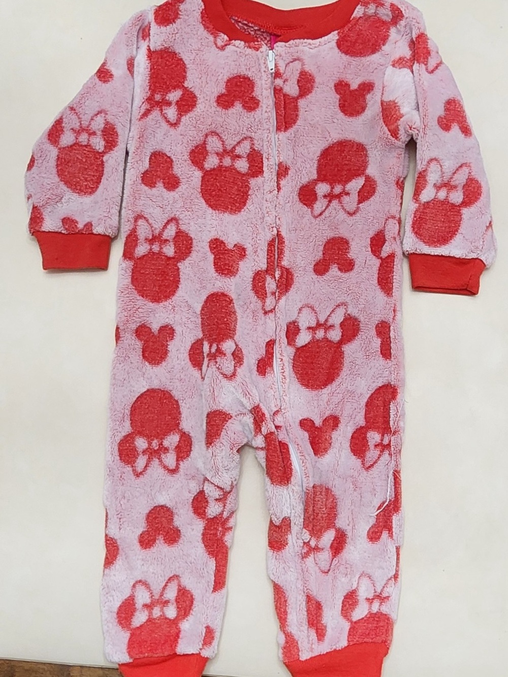 Disney Pink and Red Plush Minnie Mouse One-Piece Footie